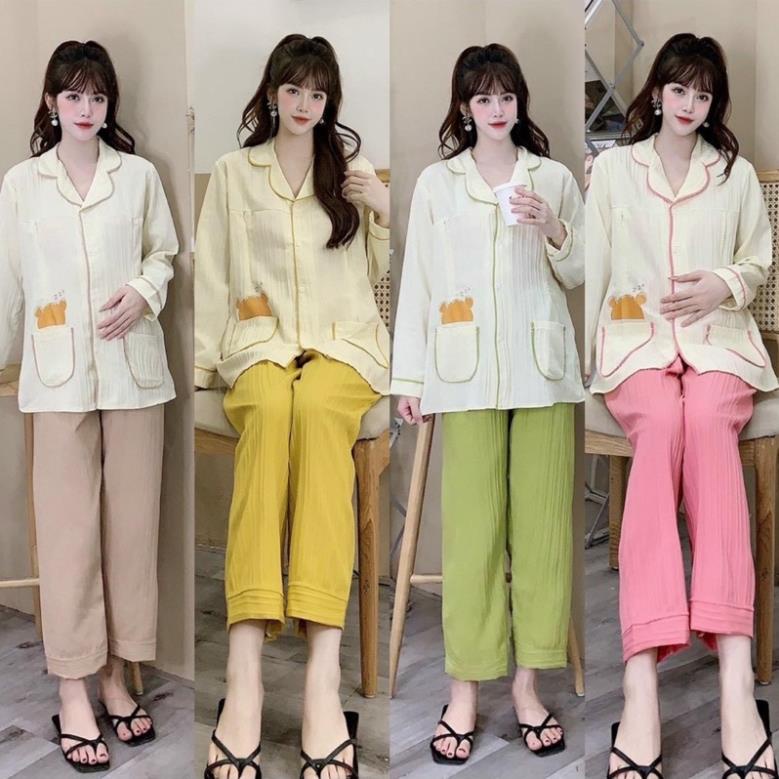 Bộ Bầu Chất Đũi Hàn BD002 Siêu Mềm, Mát Thiết Kế Vén Áo Cho Con Bú Cao Cấp