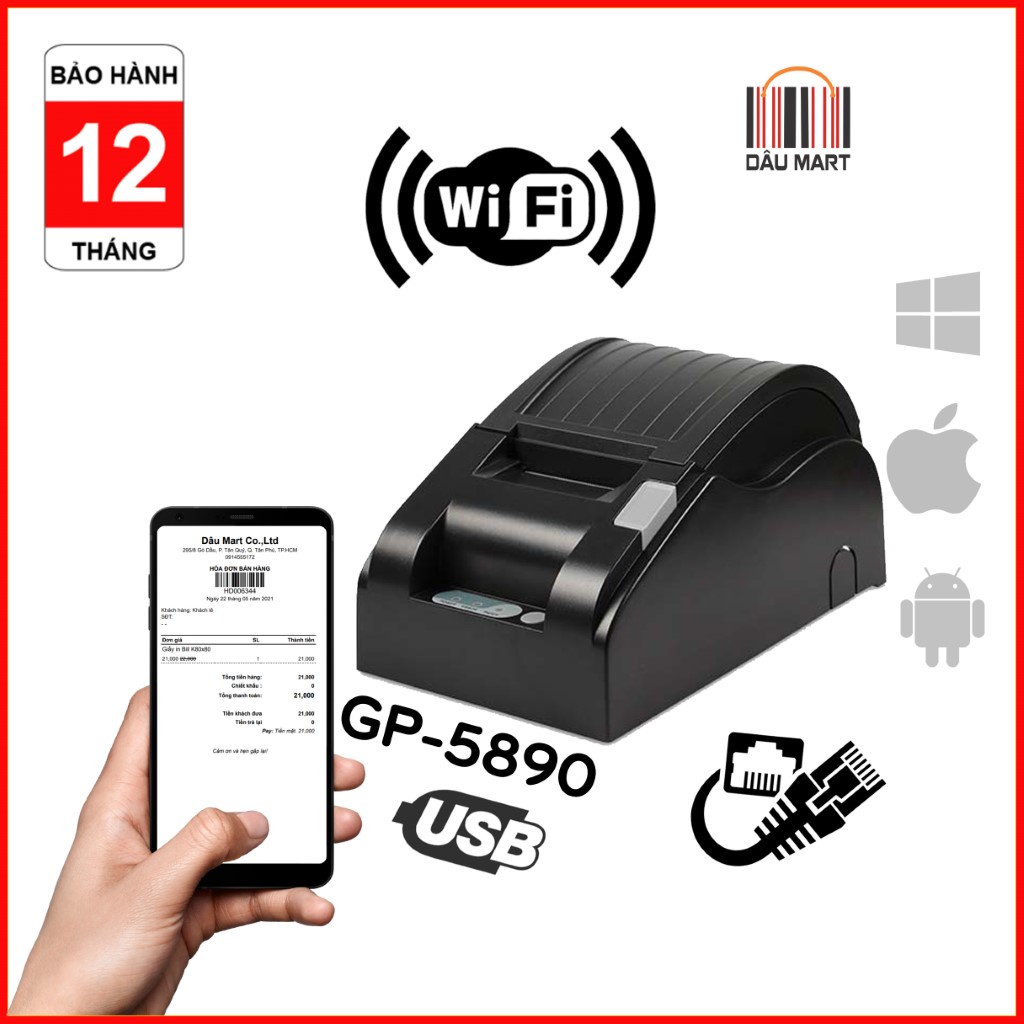 Máy in hoá đơn K58 dPos GP5890XIII XP58IIH  USB WIFI in bill Shopee Food Kioviet Sapo và từ các phần mềm bán hàng