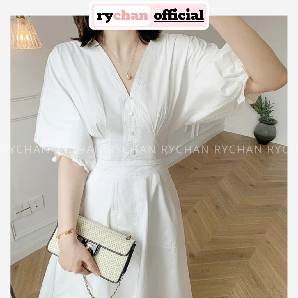 Đầm Xòe Midi Trắng Cổ V Tay Phồng Chít Eo Lót Trong Dày Dặn - DX0120