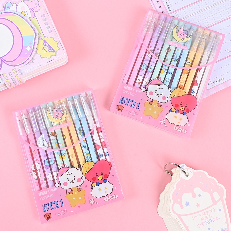 Hộp 12 Bút Mực Gel In Hình BTS Dễ Thương