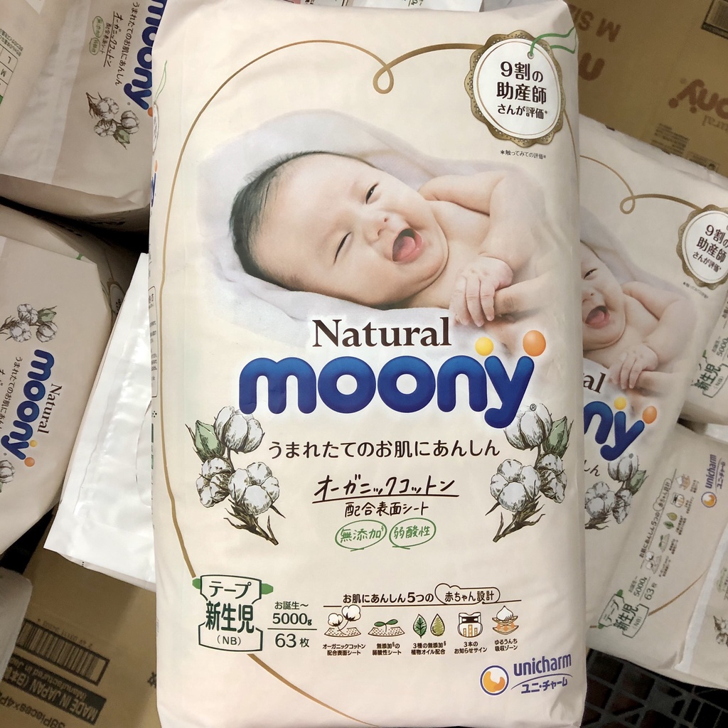Tã/Bỉm Moony Natural nội địa Nhật Bông Organic dán/quần NB63/S58/M46/L38/L36/XL32