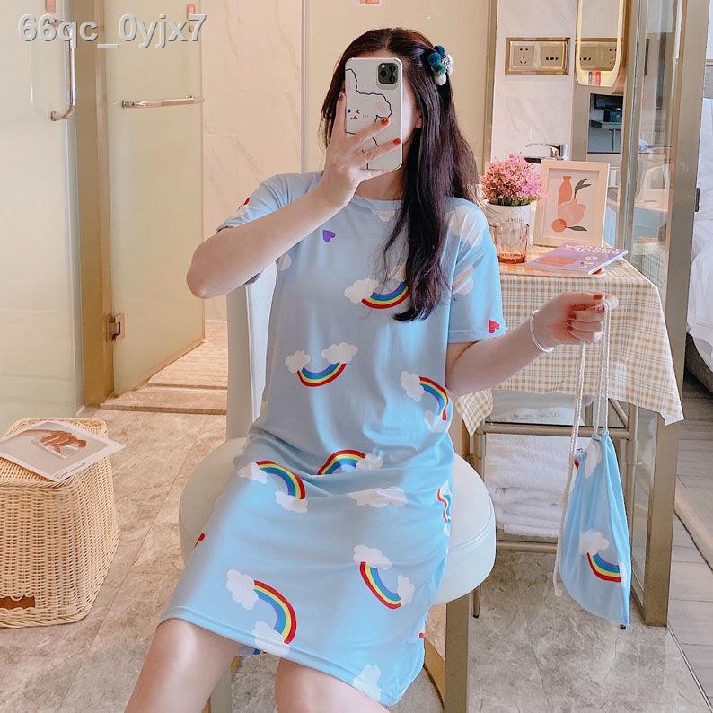 ❐✣¤Đồ ngủ nữ mùa hè dễ thương váy ngắn tay hoạt hình dài giữa lưới màu đỏ sinh phụ mang thai phần mỏ