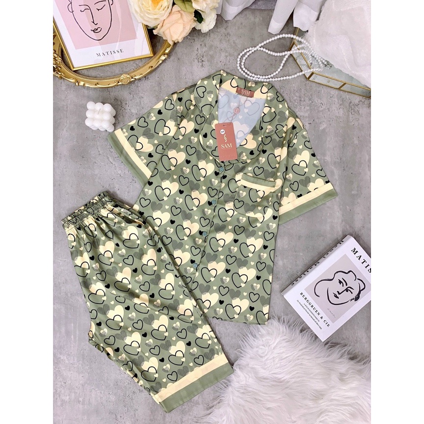 Bộ đồ pijama mặc nhà Sam cao cấp, set đồ ngủ lụa Luxury dành cho nữ họa tiết trái tim đơn giản cực dễ thương, màu đẹp