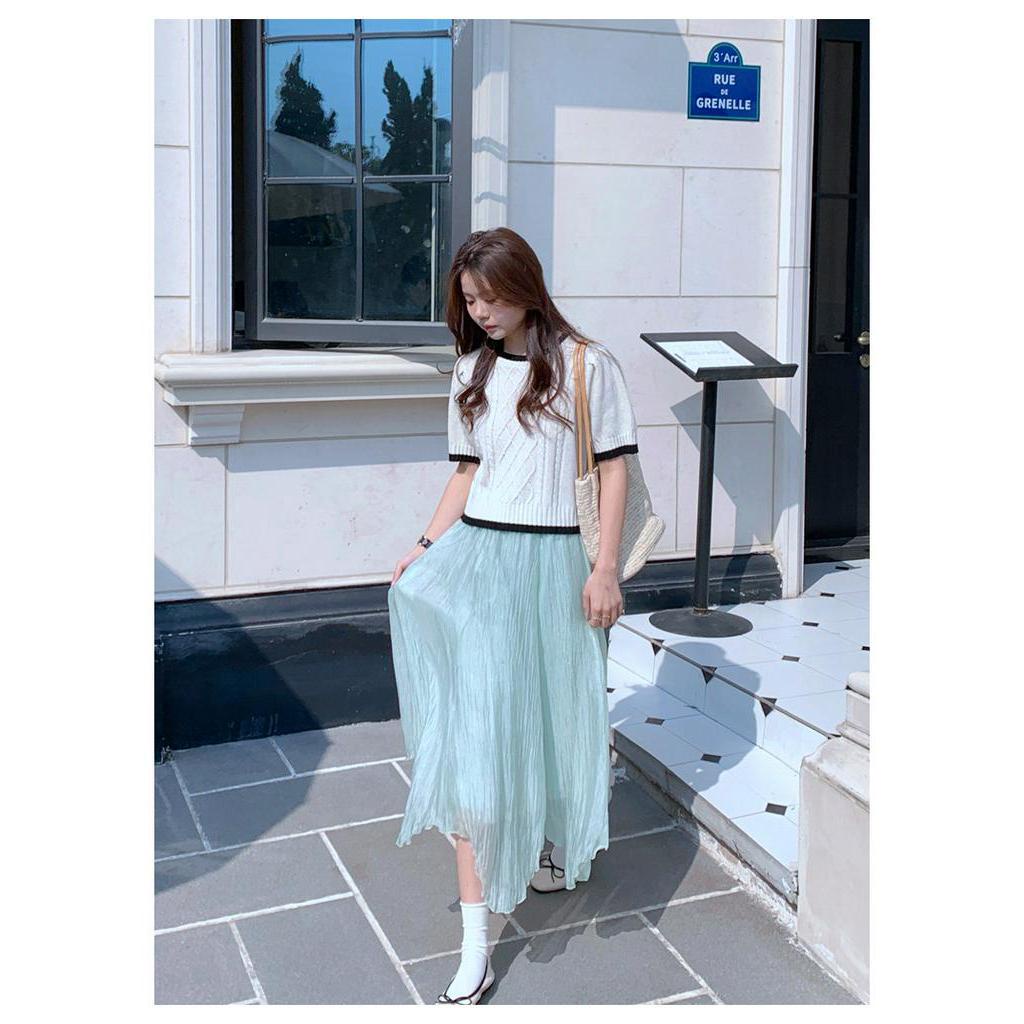 Áo Dệt Kim Chui Đầu Cổ Tròn Ngắn Tay Màu Sắc Tương Phản Dễ Phối Đồ 6177