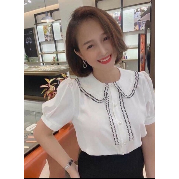 Áo sơ mi nữ tay ngắn cổ 2 lá viền ren  3 màu Hồng + Trắng+ Xanh trẻ trung chất voan mềm mịn Gloria Shop