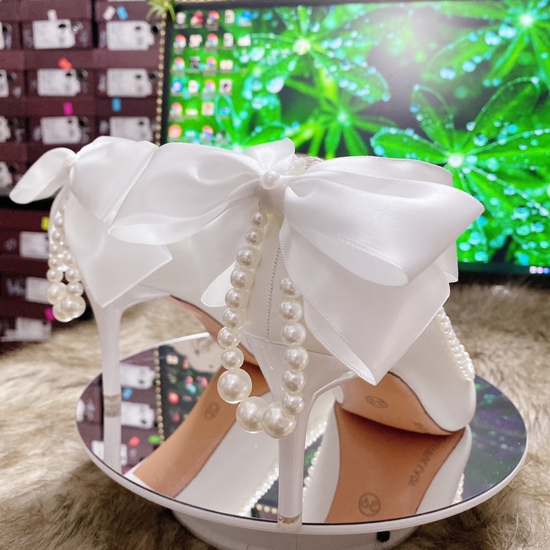GIÀY CƯỚI THIẾT KẾ NƠ NGỌC, GIÀY CÔ DÂU, GIÀY DỰ TIỆC 7CM