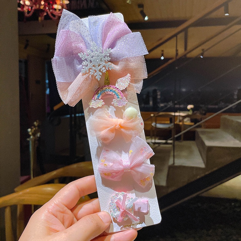 Set kẹp tóc có bọc vải cho bé gái mẫu cầu vồng lưới xinh xắn