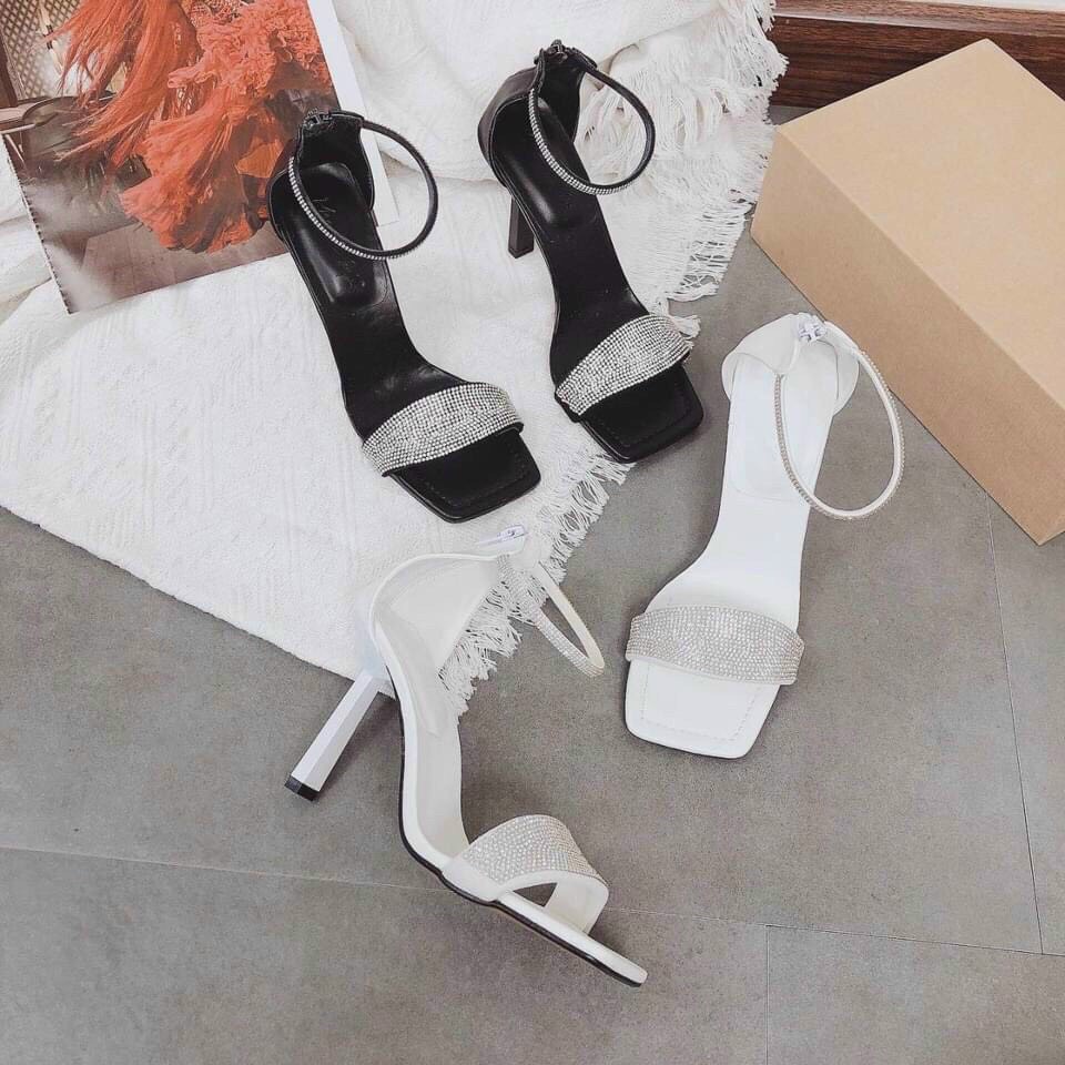 Sandal cao gót nhọn 9p bản quai ngang xoàn đá hàng chuẩn form chất da mềm đẹp - Chị Chảnh Store