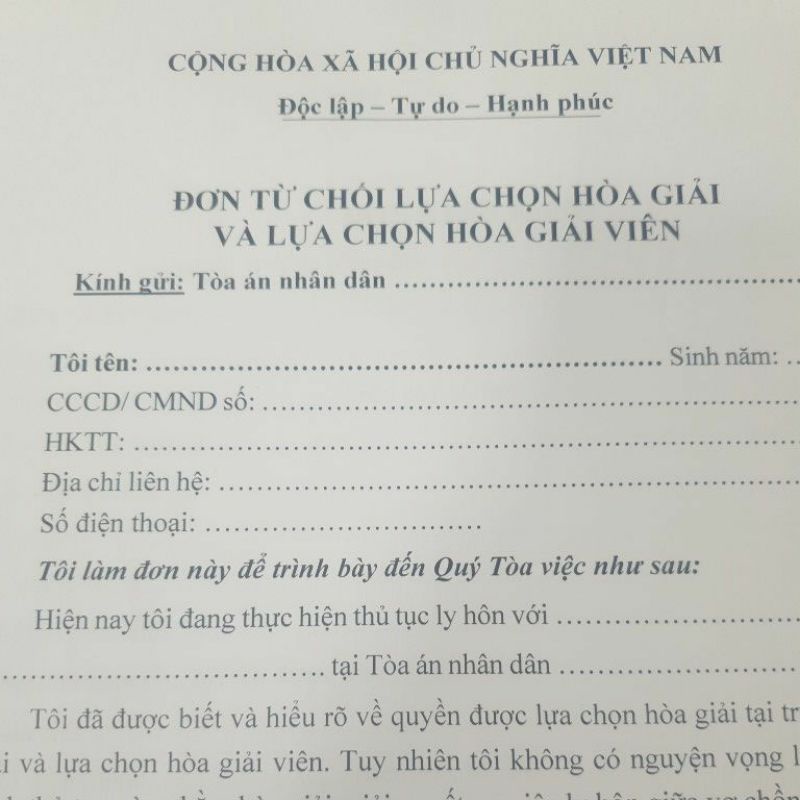 Đơn Từ chối hòa giải khi ly hôn