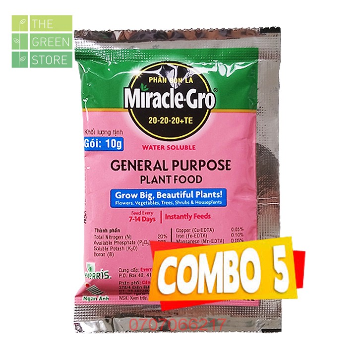 Combo 5 gói Phân bón NPK Hà Lan Miracle Gro 20-20-20+TE (10g), dạng chelate dễ hấp thu, kích sinh trưởng cho cây trồng