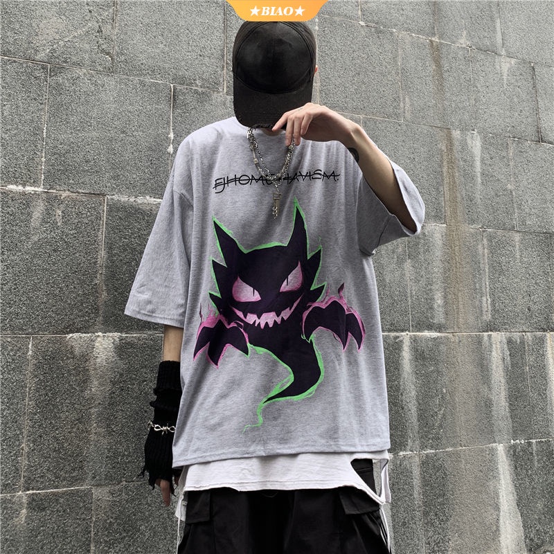 Streetwear Fashion Korea Oversized Shirt Dark Pokémon Printing T-shirt Tie-dye Hip Hop Loose Fit Plus Size Tee Short Sleeve for Men and Women 【BIOAKU】