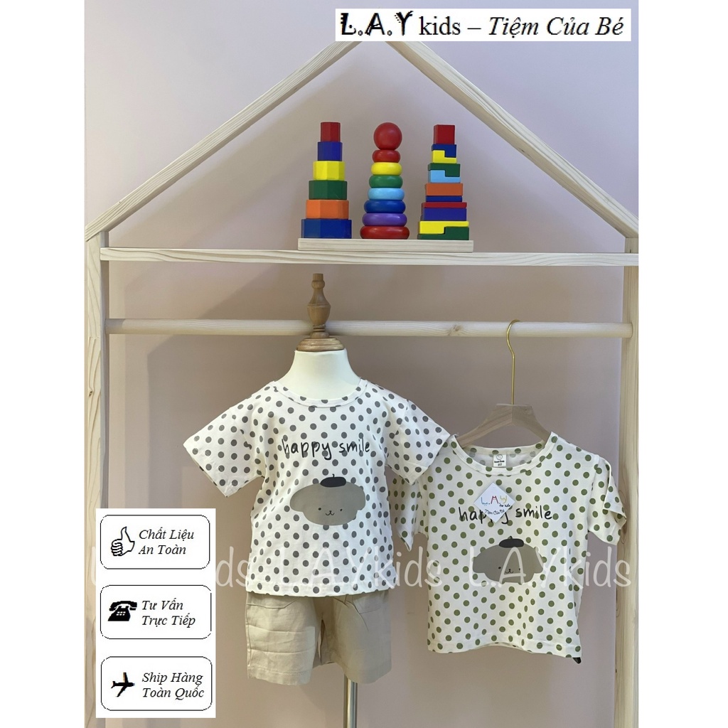 Áo Pull Cổ Tròn Ngắn Tay Coton Dễ Thương Cún Chấm Bi 2 Màu L.A.Y kids