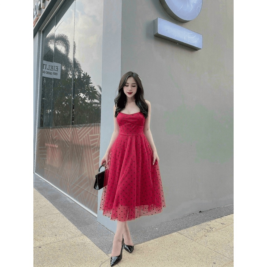 Đâm tiểu thư nữ, đầm hai dây cúp ngực chấm bi phối lưới ôm eo dáng dài có mút đi tiệc sang trọng dx