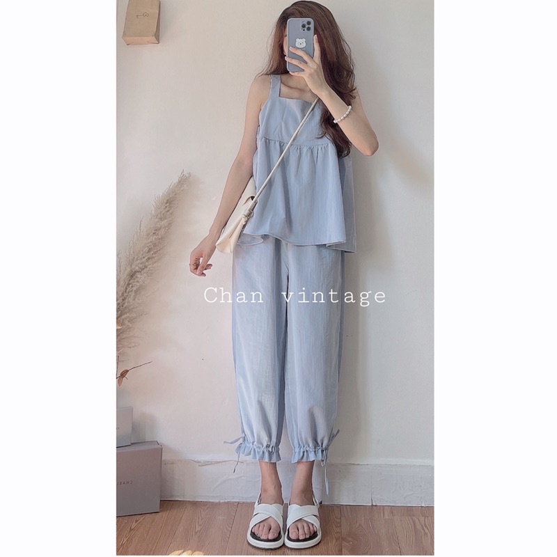 Bộ đồ nữ cổ vuông quần dáng lỡ chất đũi 2 dây vuông | BigBuy360 - bigbuy360.vn