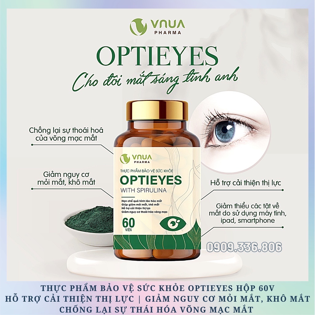 Viên Uống Bổ Mắt OPTIEYES With Spirulina VNUA Pharma Cải Thiện Thị Lực, Giảm Nhức Mỏi Mắt Sau 2 Tuần Sử Dụng (60 viên)