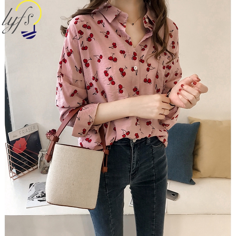 Thời Trang Nữ Áo,Phiên bản Hàn Quốc của cherry đẹp áo in,kích thước M-4XL,Polyester 【lyfs】