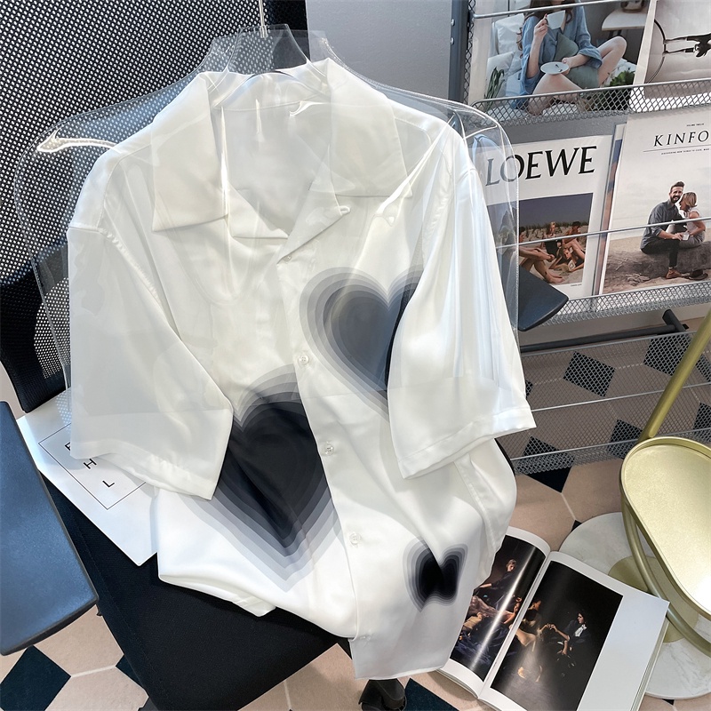 Áo Sơ Mi Tay Ngắn Cổ Polo Dáng Rộng In Họa Tiết Trái Tim Thời Trang Hàn Quốc Cho Nữ