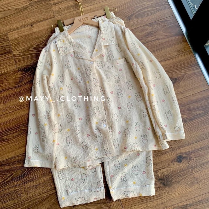 Bộ pijama mặc nhà hoạ tiết hình dễ thương chất đũi xốp áo dài quần dài thu đông
