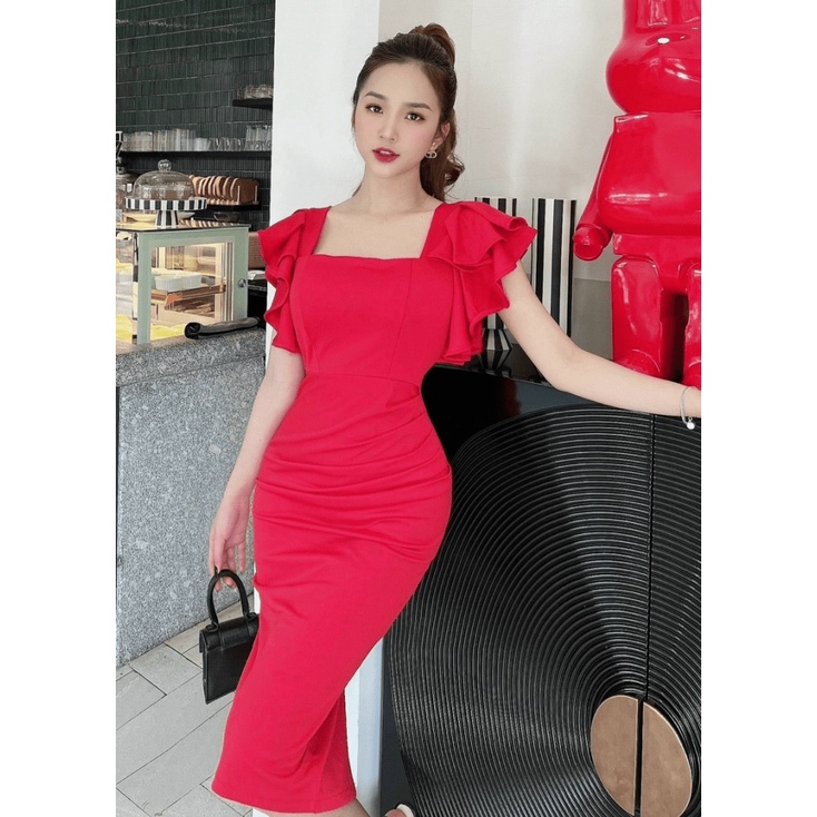 Đầm Body Nữ Cổ Vuông Tay Nhún Bèo Siêu Xinh, Đầm Ôm Tôn Dáng Chất Umi Có Mút Ngực Co Giãn Mặc Thoải Mái [NEW UNISEX]