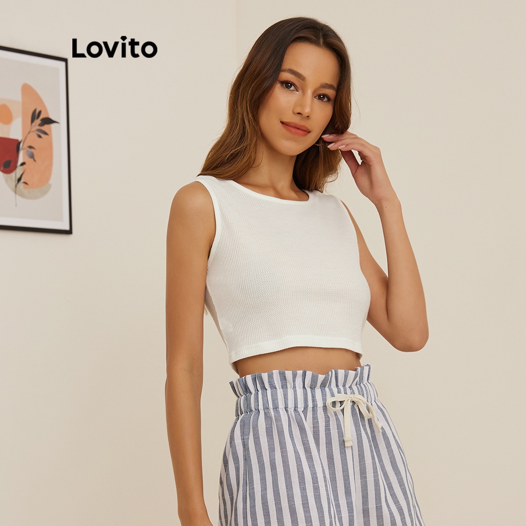 Áo tanktop Lovito cổ tròn không tay trơn phong cách thường ngày L19D389 (Màu trắng)