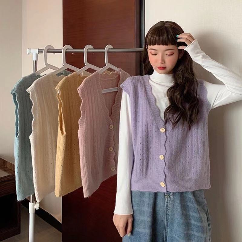 SUXI Áo Len Nữ Không Tay Cổ Chữ V Thời Trang Hàn Quốc