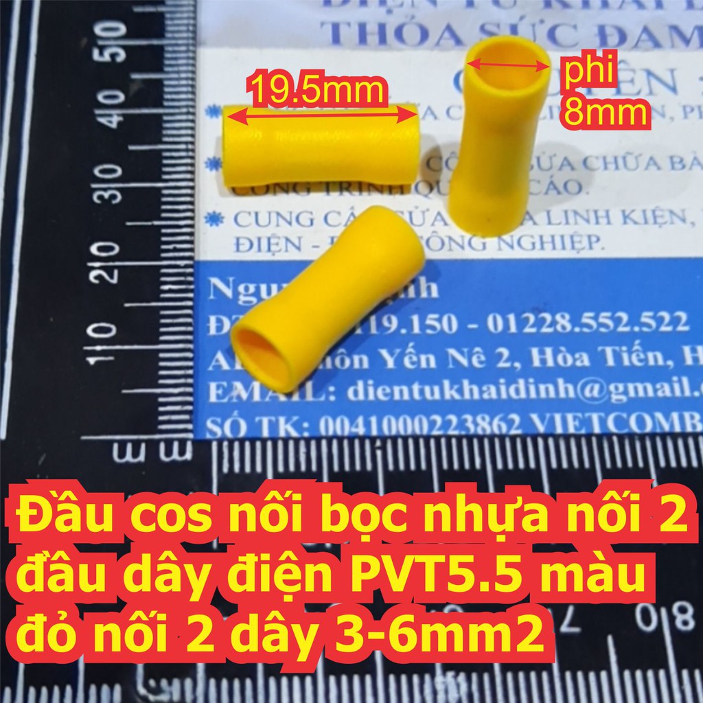 20 cái Đầu cos cosse nối bọc nhựa nối 2 đầu dây điện PVT5.5 màu vàng nối 2 dây 3-6mm2 kde6850