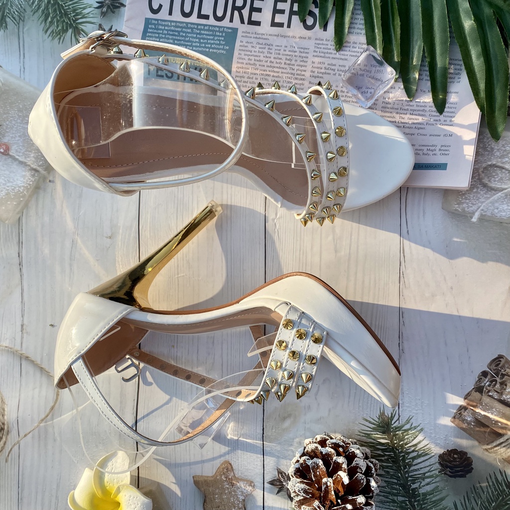 Giày cao gót đế nhọn 12 phân Womenstyle đính đá nhọn sang chảnh, sandal đính đồng 2 màu trắng, đen chuẩn size 35-39 TD24