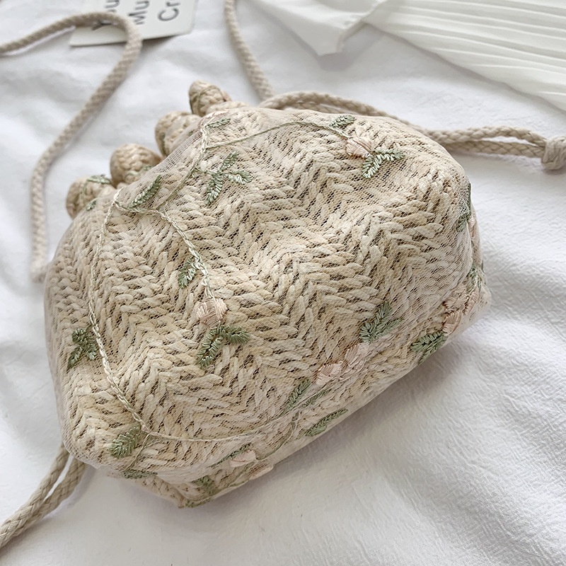 Túi Cói Miệng Gút Thêu Hoa Xinh Xắn Túi Cói Đi Biển L1323