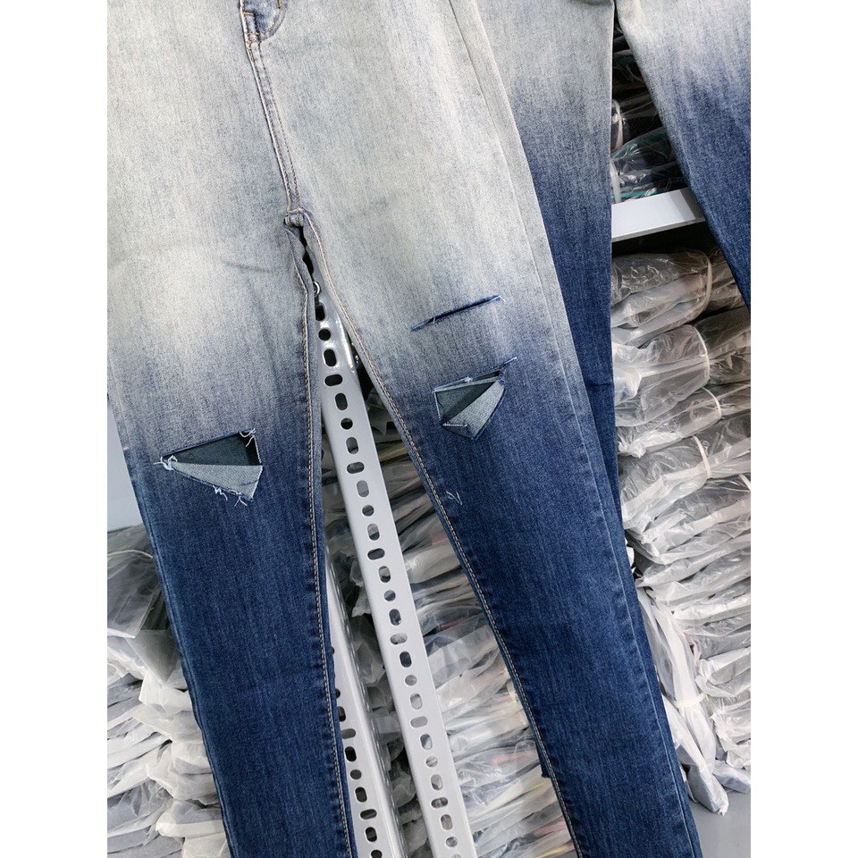 Quần Jean Nữ Lưng Cao Loang Màu , Denim Dài Ôm Co Giãn Trơn Ombre Tôn Dáng