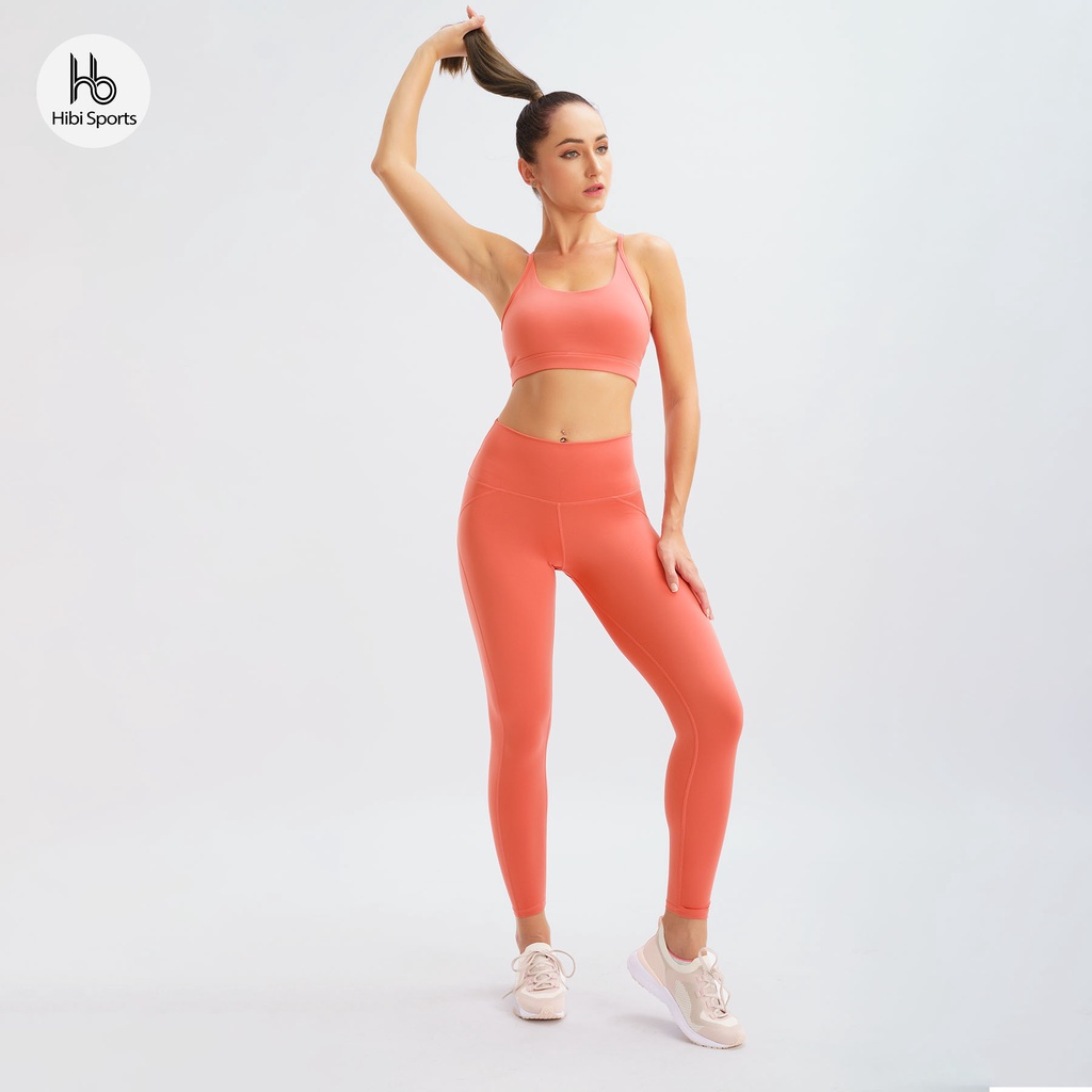 Set đồ tập yoga gym Luxury Hibi Sports H140 đan hai nơ bản to, màu Cam kèm mút ngực, chất vải cao cấp Lu Fabric