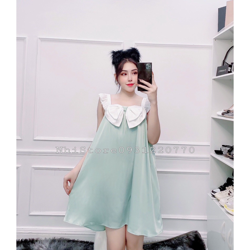 ( Freeship 50k ) Đầm Mặc Nhà Nhistore Đần Ngủ Lụa 2 Dây Đính Nơ Lưng Thun Co Giãn Freesize Dưới 57kg