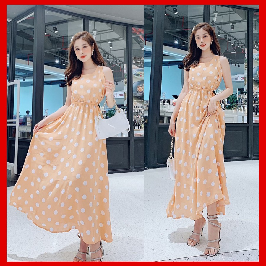 Đầm maxi đi chơi chấm bi lưng phối cột nơ siêu mát mẻ, hàng đẹp chất voan đũi dày mịn(VD132)VDVDVDVD