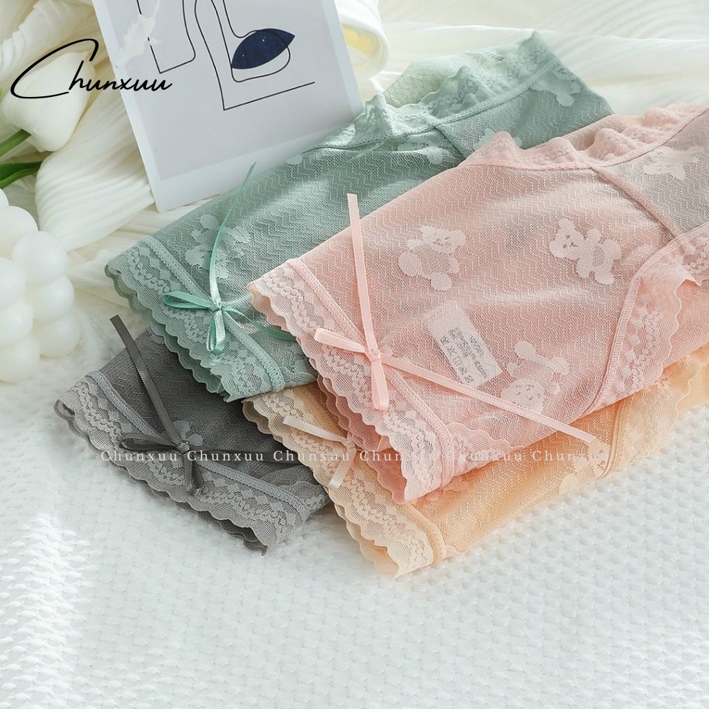 Quần lót ren nữ cao cấp Chunxuu chất liệu mềm mại, họa tiết gấu phối nơ dễ thương - QC106