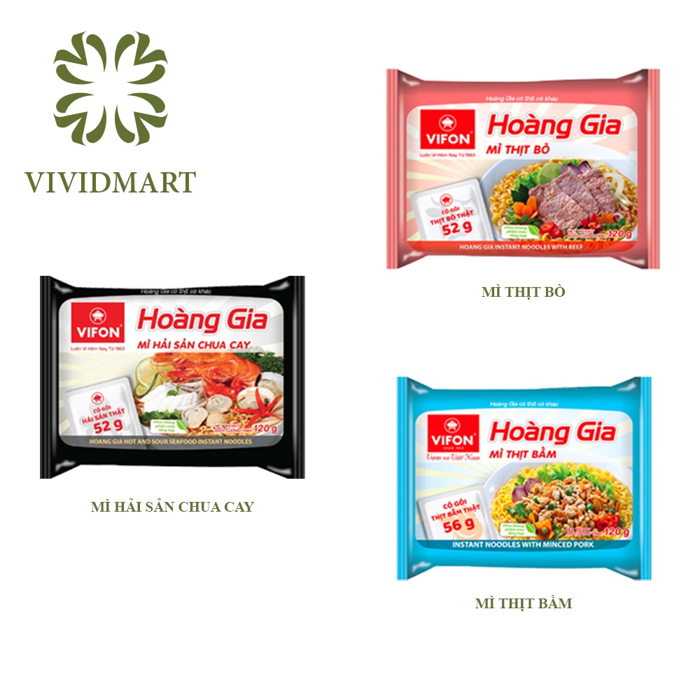 VIFON HOÀNG GIA MÌ (CÓ GÓI THỊT THẬT): THỊT BÒ / THỊT BẰM / HẢI SẢN CHUA CAY - (120g/GÓI) - VIFON