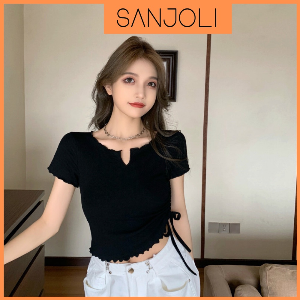 Áo Croptop Ôm Body SANJOLI Áo Kiểu Crt Sexy Nữ Tay Ngắn Cột Dây Đẹp Bánh Bèo Hàn Quốc AO035