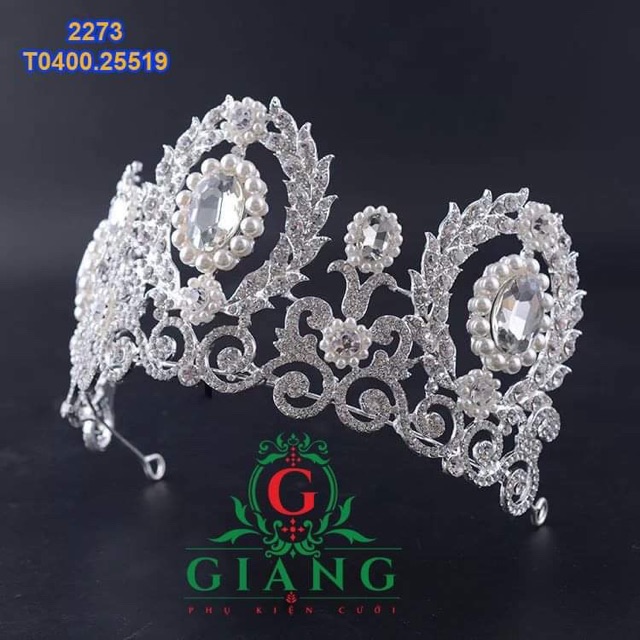 Vương miện cô dâu dáng to hạt xanh lá