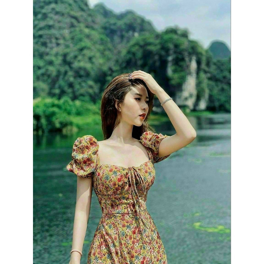 Đầm Nữ Thời Trang Mặc Đi Chơi, Đầm Nữ Voan Hoa Cổ Vuông Tay Phồng Ngắn Váy Xẻ Trước Xinh Xắn