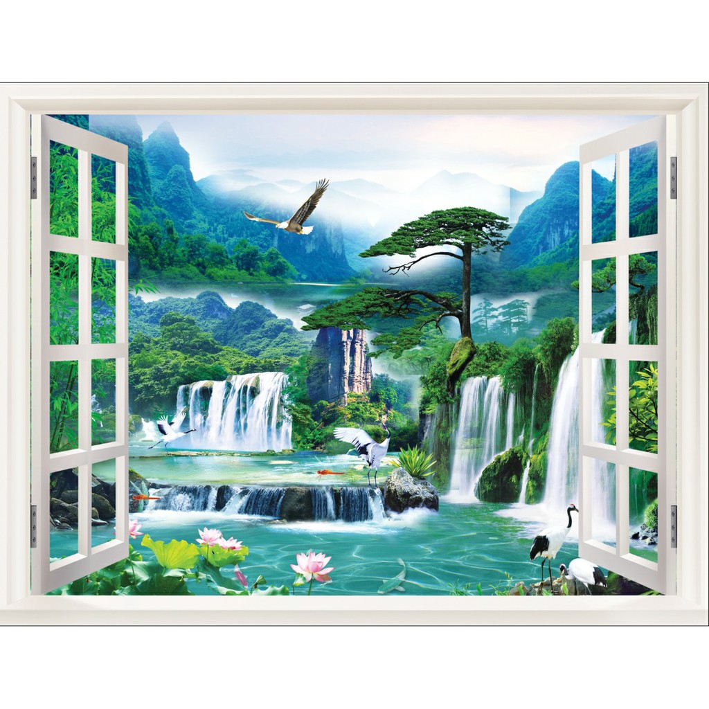 Decal tranh dán tường 3d khung cửa sổ phong cảnh trang trí phòng khách chất liệu decal pp keo sẵn bóc dán atk26