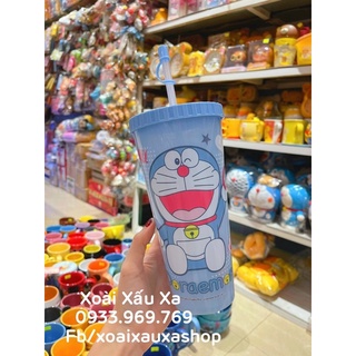 Ly nước nhựa kèm ống hút doraemon dễ thương
