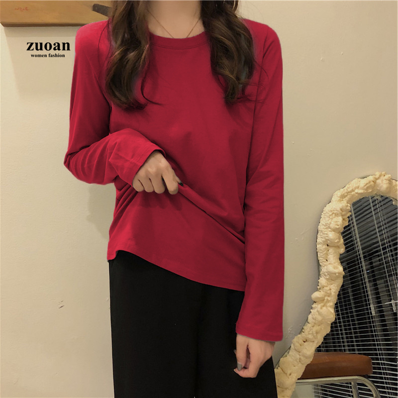 Áo thun SUXI tay dài dáng rộng màu trơn phong cách Hàn Quốc mùa thu đông cho nữ