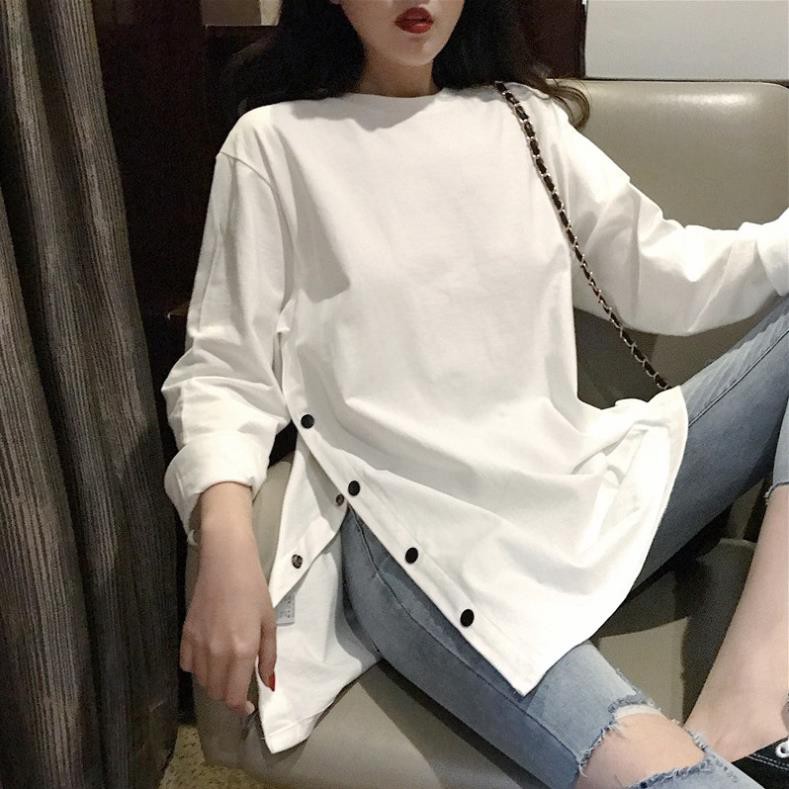 Áo Thun Tay Dài Màu Trơn Xẻ Hông Phong Cách Ulzzang Thu Đông Đẹp