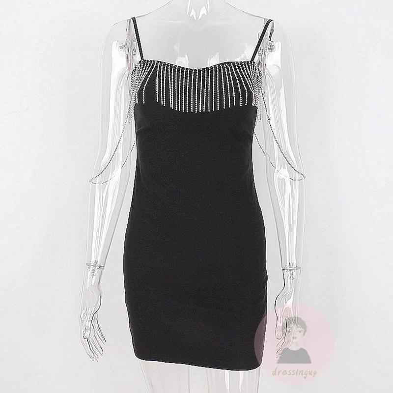 DRE-Women’s Casual Suspender Short Dress,Fashion Solid Color Tassel Chain Boat Neck Skinny Dress
