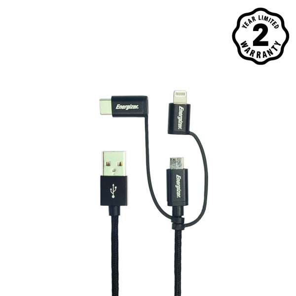 Cáp 3 trong 1 Lightning - MicroUSB - USB C Energizer Metallic 1m2 - C13UBX3CFBK4 (Đen)