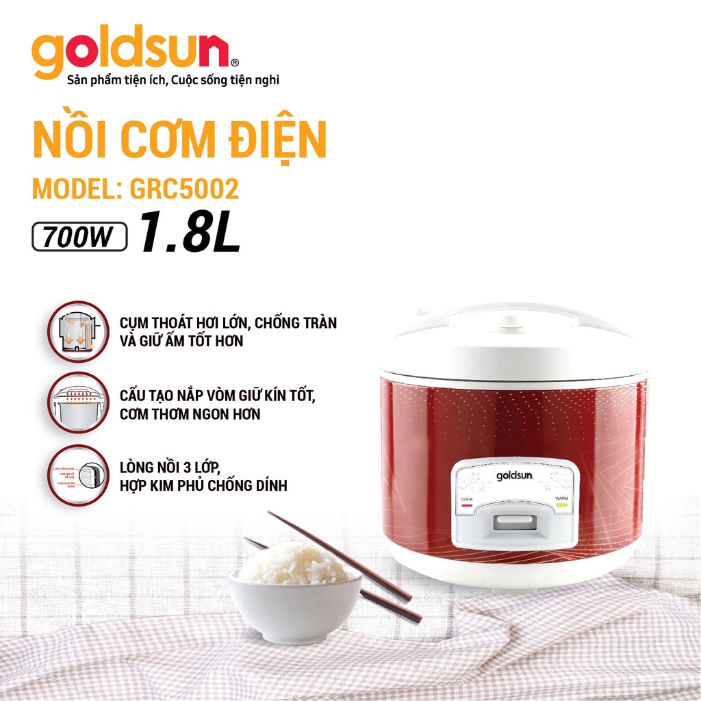 Nồi Cơm Điện Dung Tích 1.8L Goldsun Cho Gia Đình 4-6 Người Lòng Nồi Hợp Kim Nhôm Phủ Chống Dính - GRC5002