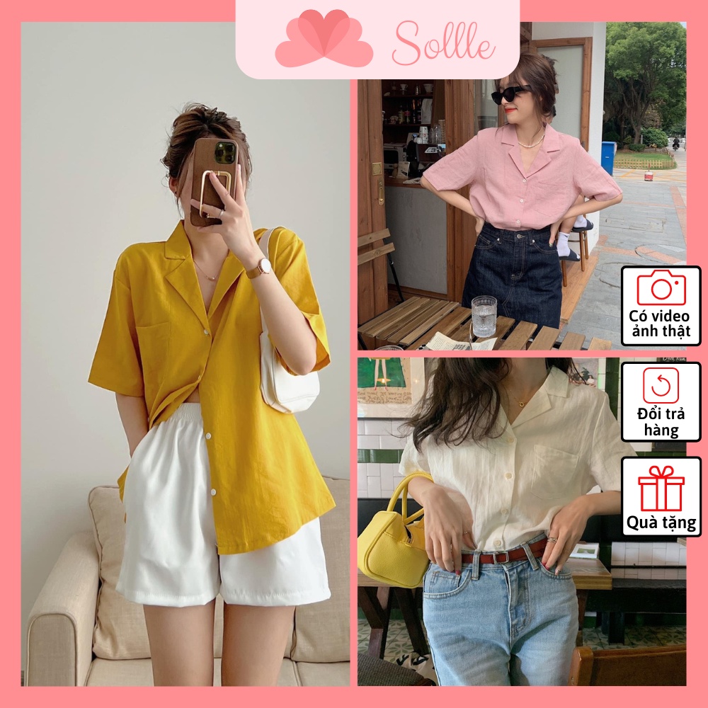 Áo sơ mi nữ ngắn tay cổ V basic oversize chất đũi mát nhiều màu ulzzang Hàn Quốc Sollle