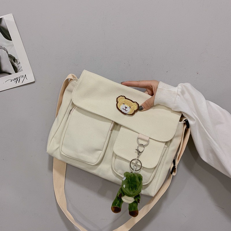 Túi đeo chéo HAZIN vải canvas thêu Gấu cao cấp đi học đi chơi đựng vừa khổ a4 phong cách unisex phù hợp cả nam và nữ