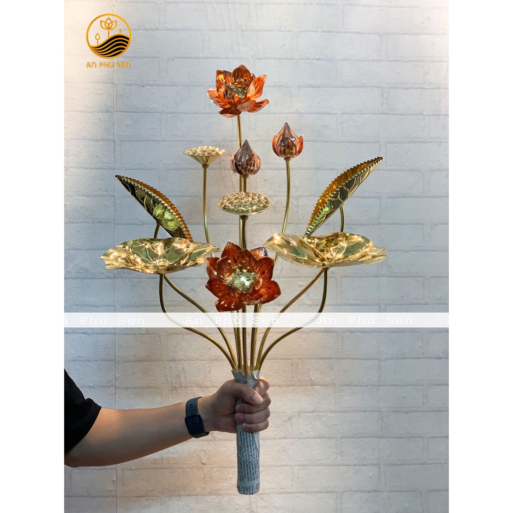 BÓ HOA SEN ĐỒNG 10 CÀNH TRANG TRÍ BAN THỜ CHẤT LIỆU DÀY DẶN