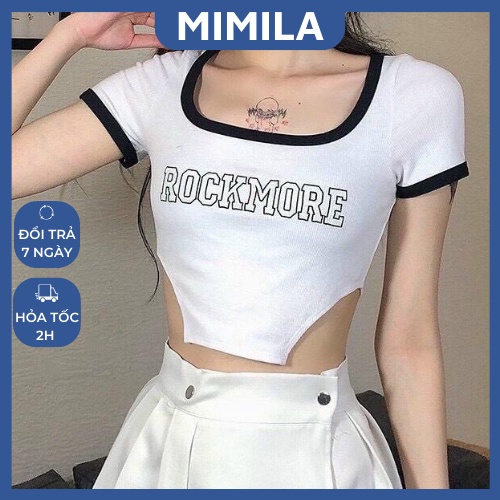 Áo Croptop Cổ Vuông Tay Ngắn In Chữ ROCKMORE Áo Kiểu Croptop Vạt Yếm Phía Sau Lưng MIMILA MA038