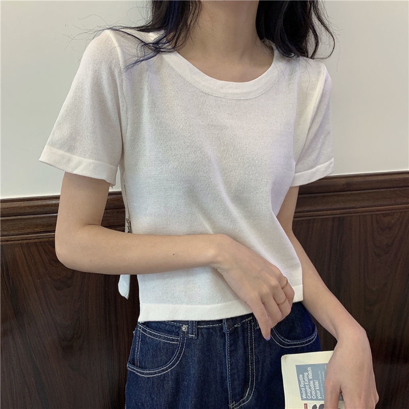 AMOI Áo Thun Cotton Tay Ngắn Có Khóa Kéo Thời Trang Cho Nữ