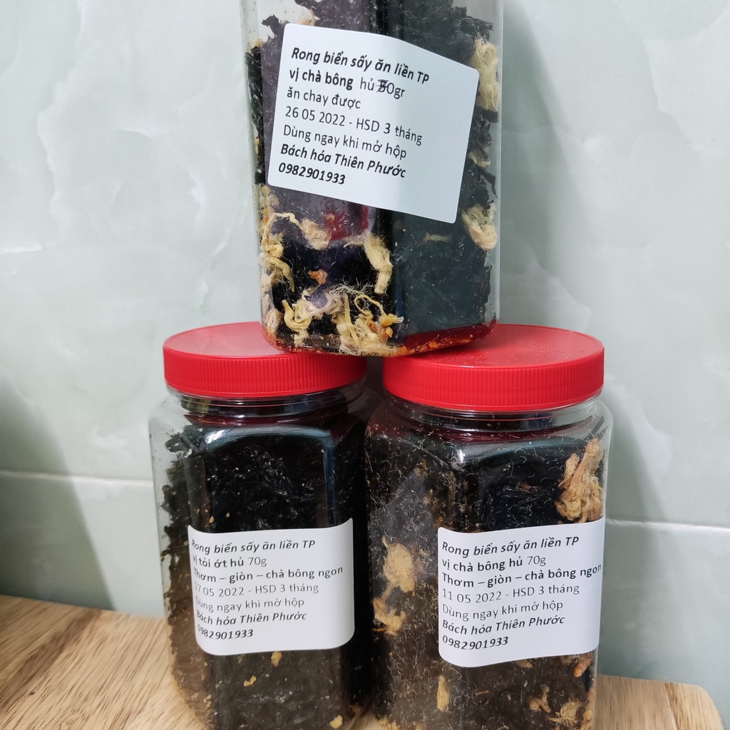 Rong biển sấy giòn ăn liền mix 4 vị: mè, tỏi ớt, chà bông & tép khô, hộp 60 - 70g